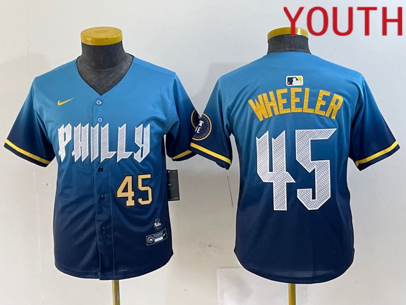 Youth Philadelphia Phillies 45 Wheeler Blue City Edition Nike 2024 MLB Jersey style 3
